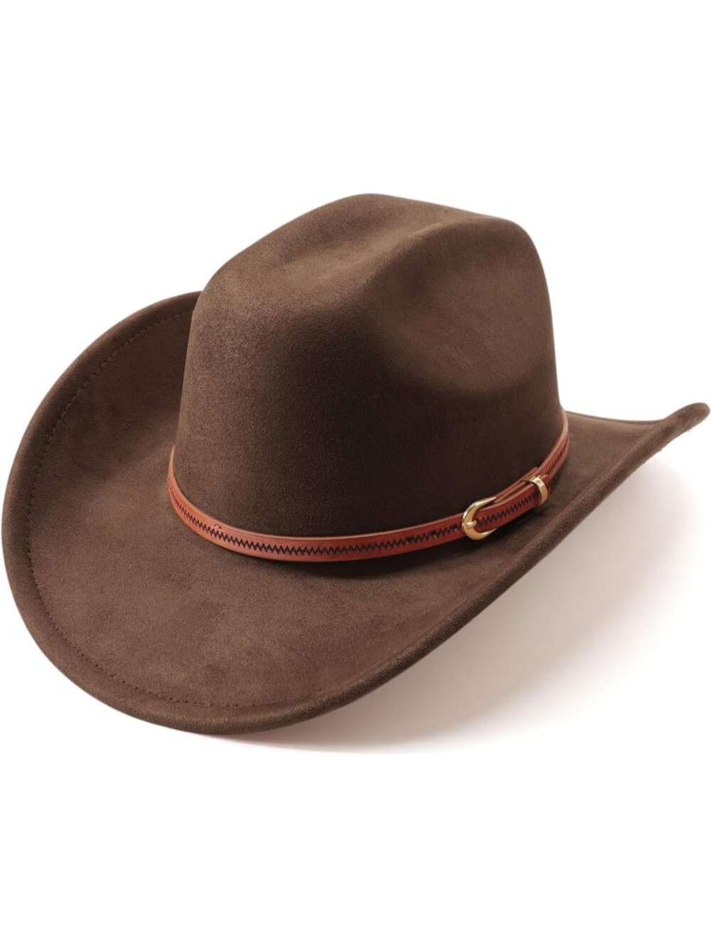 Unisex Coffee Pull-On Classic Felt Wide Brim with Belt Buckle Western Cowboy Hat